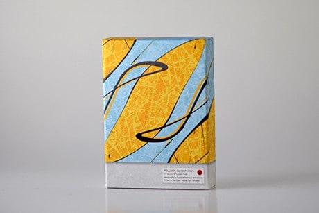 Pollock Cardistry custom playing cards yellow and blue art design on deck sleeve.
